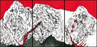 Dreiteiliges Gemälde zeigt schneebedeckte Berggipfel vor rotem Himmel mit roten Rissen und Adern im Schnee.