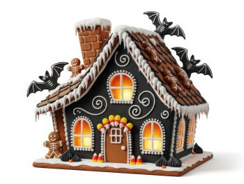 Copyright: AdobeStock Lebkuchenhaus im Halloween-Stil mit schwarzer Zuckerglasur, leuchtenden Fenstern, Fledermäusen und Lebkuchenmännchen-Skeletten verziert.