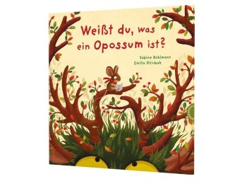 Copyright: Thienemann Buchcover „Weißt du, was ein Opossum ist?“ von Sabine Bohlmann und Emilia Dziubak zeigt eine Maus mit Buch auf einem Geweih eines Monsters.