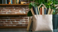 Eine Stofftasche voller Bücher steht vor einem Bücherregal und einer Zimmerpflanze mit großen grünen Blättern