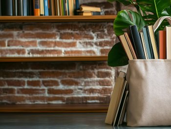 Foto: c_Thavesak_947742998
Eine Stofftasche voller Bücher steht vor einem Bücherregal und einer Zimmerpflanze mit großen grünen Blättern