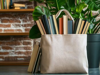 Copyright: AdobeStock Eine Stofftasche voller Bücher steht vor einem Bücherregal und einer Zimmerpflanze mit großen grünen Blättern
