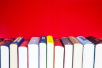 Eine Reihe bunter Bücher steht aufrecht vor einem roten Hintergrund.