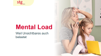 Schriftzug Menatal Loard und eine Frau am Telefon, die sich an die Stirn fasst, während gleichzeitig ein Kind auf ihrem Schoß sitzt.