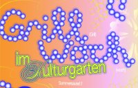 Plakat für die Veranstaltung GrillWoch im Kulturgarten mit blauen Punkten und rosafarbenem Hintergrund