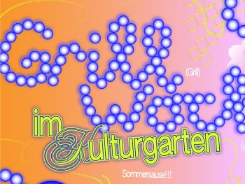Plakat für die Veranstaltung GrillWoch im Kulturgarten mit blauen Punkten und rosafarbenem Hintergrund