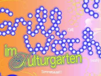 Plakat für die Veranstaltung GrillWoch im Kulturgarten mit blauen Punkten und rosafarbenem Hintergrund