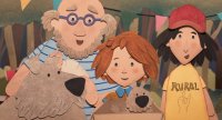 Papierfiguren aus Stop-Motion-Animation zeigen einen älteren Mann, ein Kind und eine Person mit Basecap und „RURAL“-Shirt neben einem zotteligen Hund in einer Kiste.