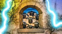 Mehrere Knetanimations-Schafe schauen aus einem steinernen Bogenfenster, umgeben von Dornenranken und blauen Blitzen an einer verwitterten Mauer.