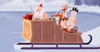 Illustration von Weihnachtsmann, Fuchs und Vogel mit Hut, die winkend in einem mit Geschenken beladenen Schlitten durch eine Winterlandschaft fahren.
