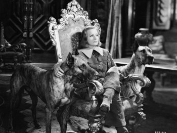 Copyright: Images courtesy of Park Circus; Warner Bros.
Schwarz-Weiß-Filmszene einer Person in historischem Kostüm auf einem verzierten Thronsessel, flankiert von zwei großen Doggen in einem prunkvollen Saal.
