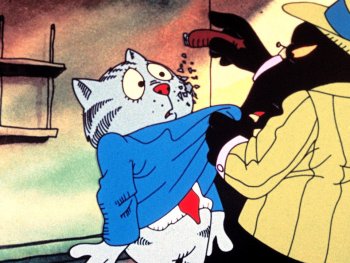 Copyright: Filmverleih
Zeichentrickszene, in der eine schwarze Figur mit gelbem Mantel und Hut eine erschrockene graue Katzenfigur am Kragen packt.