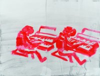 Gemälde in Rot und Grau zeigt zwei Personen, die nebeneinander sitzen und jeweils ein Keyboard spielen.