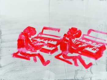 Copyright: Ulrich Pester, Walter und Tom, 2024 Gemälde in Rot und Grau zeigt zwei Personen, die nebeneinander sitzen und jeweils ein Keyboard spielen.