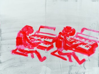 Foto: Foto: Simon Vogel
Gemälde in Rot und Grau zeigt zwei Personen, die nebeneinander sitzen und jeweils ein Keyboard spielen.