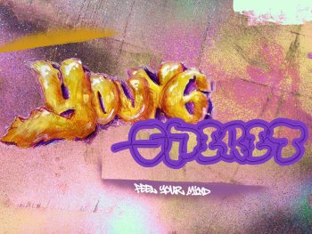 Graffiti-Schriftzug „Young Spirit“ mit dem Slogan „Feel your mind“ auf einem bunten Sprühfarben-Hintergrund in Rosa, Gelb und Violett.