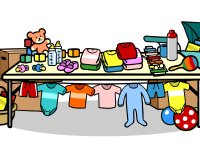 Illustration eines Verkaufstisches mit Baby- und Kinderartikeln wie Kleidung, Spielzeug, Schnullern, Fläschchen, Bällen und einem Kinderwagen für einen Flohmarkt.