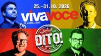 Vier Porträts von Personen vor farbigen Hintergründen mit dem Text '25.-31.10.2026', 'viva voce', 'DIE A CAPPELLA BAND' und 'DITO!'