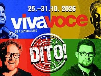 Copyright: Comödie Fürth Vier Porträts von Personen vor farbigen Hintergründen mit dem Text '25.-31.10.2026', 'viva voce', 'DIE A CAPPELLA BAND' und 'DITO!'