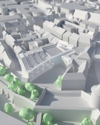 Digitales 3D-Zeichnung des NMN, Klarissenplatz und Umgebung aus der Vogelperspektive