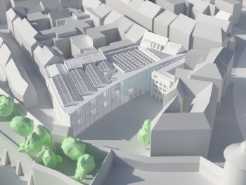 Copyright: NMN Digitales 3D-Zeichnung des NMN, Klarissenplatz und Umgebung aus der Vogelperspektive