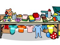 Illustration eines Flohmarkttisches mit Baby- und Kinderartikeln wie Kleidung, Spielzeug, Schnullern, Fläschchen, einem Kinderwagen und Bällen.