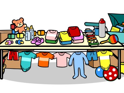 Illustration eines Flohmarkttisches mit Baby- und Kinderartikeln wie Kleidung, Spielzeug, Schnullern, Fläschchen, einem Kinderwagen und Bällen.