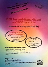 DER Second-Hand–Basar für GROß und KLEIN Alter/Größen: 0-15 Jahre (Größen 50 bis 176) - mit Fingerfood-/Kuchenverkauf „Shoppen statt Kochen“ - mit Glitzertattoos für Kinder
