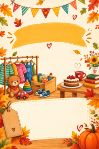 Herbstliche Illustration mit Kinderkleidung am Kleiderständer, Spielzeug, Teddybär, Büchern, Kuchen und Kürbis sowie leeren Banner- und Etikettflächen für Text.