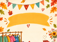 Herbstliche Illustration mit Kinderkleidung am Kleiderständer, Spielzeug, Teddybär, Büchern, Kuchen und Kürbis sowie leeren Banner- und Etikettflächen für Text.