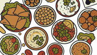 Illustration von mehreren orientalischen Speisen wie Hummus, Falafel, Kichererbsen, Salaten und Fladenbrot auf runden Tellern.