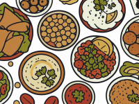 Illustration von mehreren orientalischen Speisen wie Hummus, Falafel, Kichererbsen, Salaten und Fladenbrot auf runden Tellern.