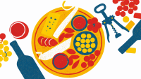 Illustration einer Käse- und Antipasti-Platte mit Weinflaschen, Gläsern, Trauben und Korkenzieher in Blau, Rot und Gelb.