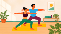 Illustration von zwei Personen auf gelben Yogamatten, die gemeinsam die Kriegerstellung mit ausgestreckten Armen in einem Raum mit Pflanzen üben.