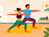 Illustration von zwei Personen auf gelben Yogamatten, die gemeinsam die Kriegerstellung mit ausgestreckten Armen in einem Raum mit Pflanzen üben.