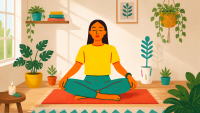 Illustration einer Person im Meditationssitz auf einer roten Matte in einem hellen Zimmer mit vielen Zimmerpflanzen.