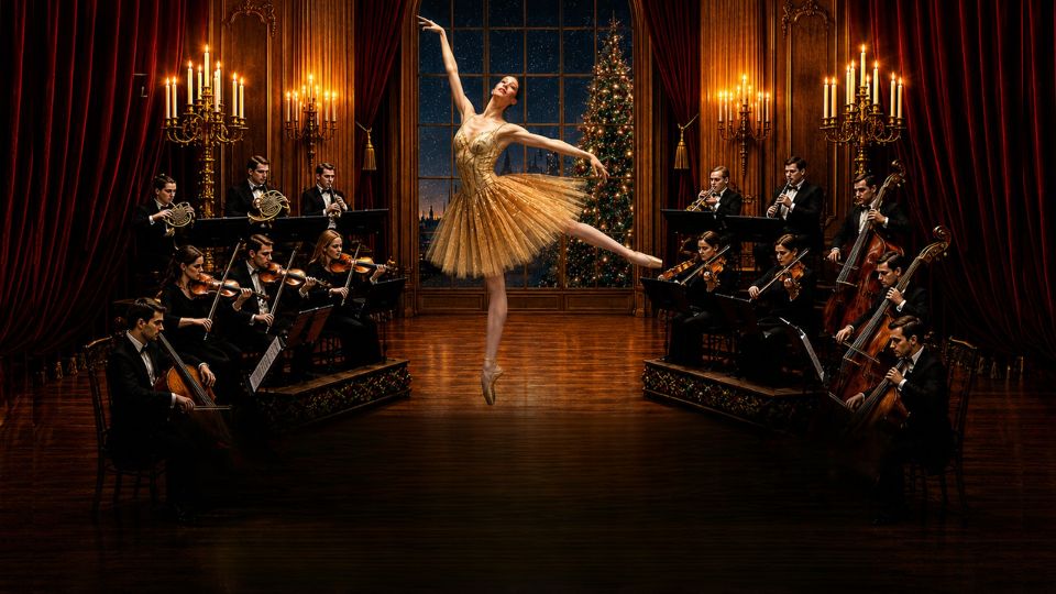 Eine Ballerina in goldenem Kostüm tanzt auf Spitzenschuhen zwischen zwei Orchestergruppen in einem festlich mit Kerzenleuchtern und Weihnachtsbaum geschmückten Saal.