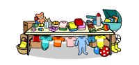 Illustration eines Basar-Tisches mit Baby- und Kinderartikeln wie Kleidung, Spielzeug, Schnullern, Fläschchen und einem Kinderwagen.