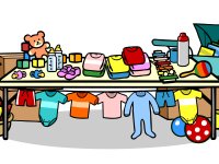 Illustration eines Basar-Tisches mit Baby- und Kinderartikeln wie Kleidung, Spielzeug, Schnullern, Fläschchen und einem Kinderwagen.