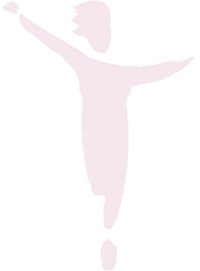 Silhouette einer tanzenden Person mit ausgestreckten Armen in blassrosa Farbe vor weißem Hintergrund.