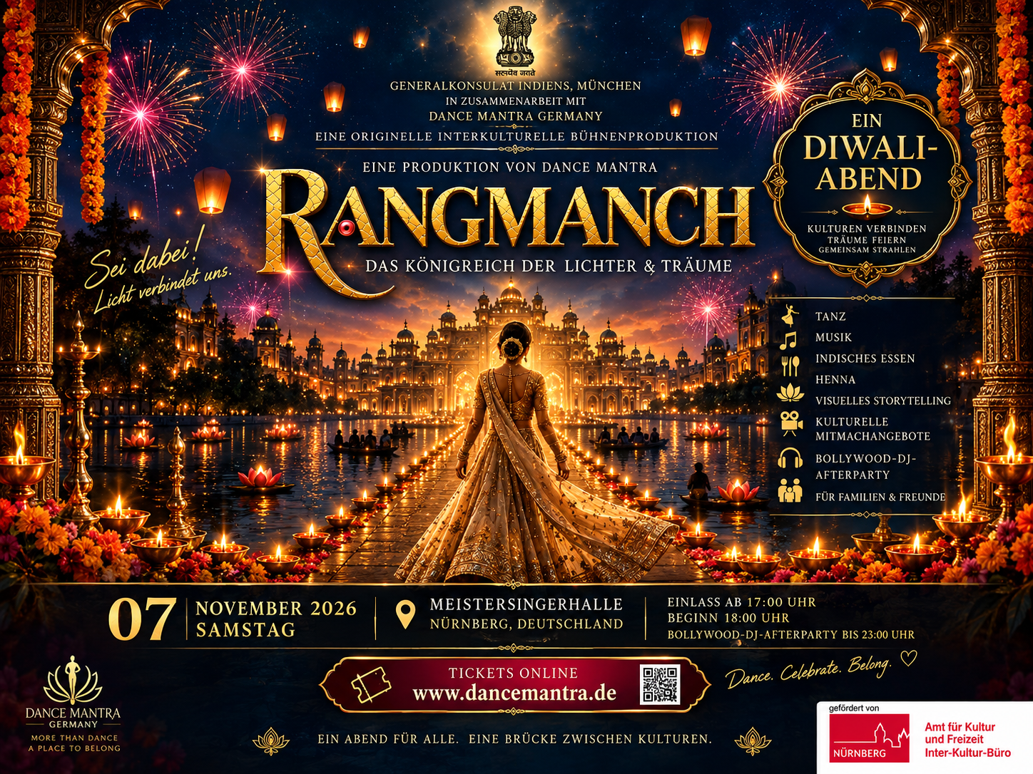 Festively illuminated Indian palace backdrop with diyas, fireworks and a woman in traditional clothes as a motif for the Diwali evening Rangmanch.