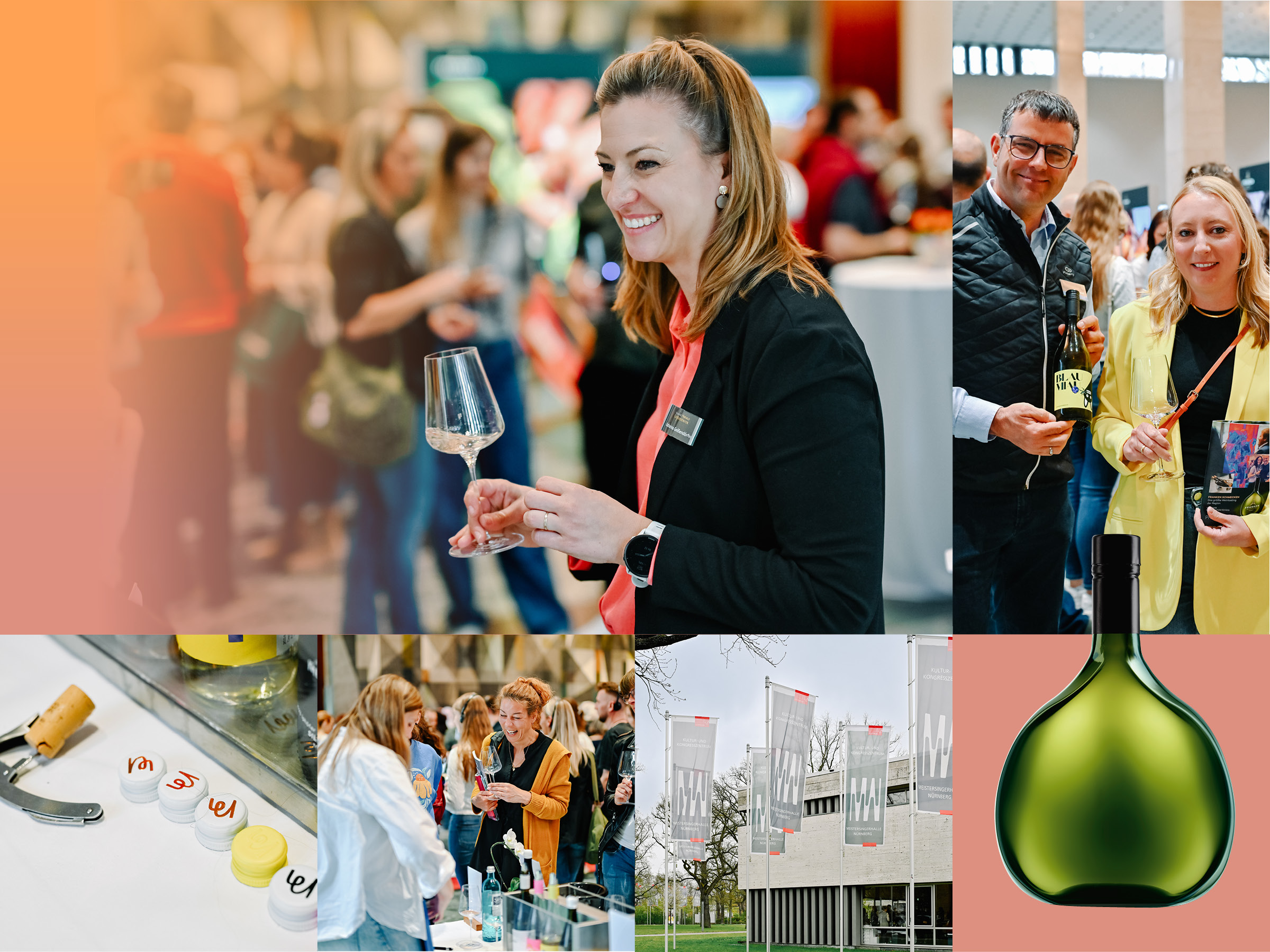 Bildcollage einer Weinmesse mit lächelnden Besuchern, die Weingläser halten, sowie Impressionen von Flaschen, Ständen und der Meistersingerhalle Nürnberg.