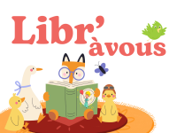 Tiere, die auf einem Teppich lesen. Mit dem Titel „Libravous“