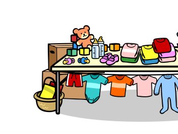 Copyright: AdobeStock
Illustration eines Flohmarkttisches mit Kinderkleidung, Spielzeug, Schnullern, Fläschchen und einem Kinderwagen.