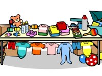 Illustration eines Flohmarkttisches mit Kinderkleidung, Spielzeug, Schnullern, Fläschchen und einem Kinderwagen.