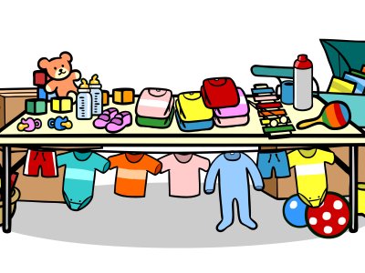 Illustration eines Flohmarkttisches mit Kinderkleidung, Spielzeug, Schnullern, Fläschchen und einem Kinderwagen.
