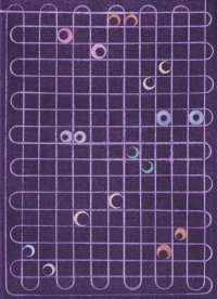 Abstrakte Grafik mit einem violetten Gitterlinienmuster auf dunklem Hintergrund, verziert mit verstreuten bunten Kreisen und Mondformen in Pastelltönen.