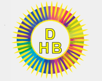 Logo mit den Buchstaben „DHB“ in Gelb, umgeben von einem bunten, strahlenförmigen Kreismuster.
