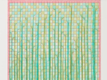 Copyright: Andreas Oehlert, grenzen (7), Detail, 2017 Aquarell auf Papier, 75 x 56 cm Aquarell mit grün-türkisen, vertikalen Linien auf kariertem Hintergrund in Pastelltönen und rosa Rahmen.