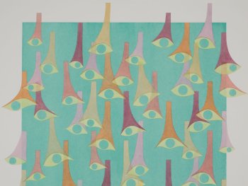 Copyright: Andreas Oehlert, Für D. (5), Detail, 2025 Aquarell auf Papier, 74 x 54 cm Aquarell mit zahlreichen trichterförmigen, augenähnlichen Formen in Orange-, Rosa-, Lila- und Beigetönen auf türkisfarbenem Hintergrund.